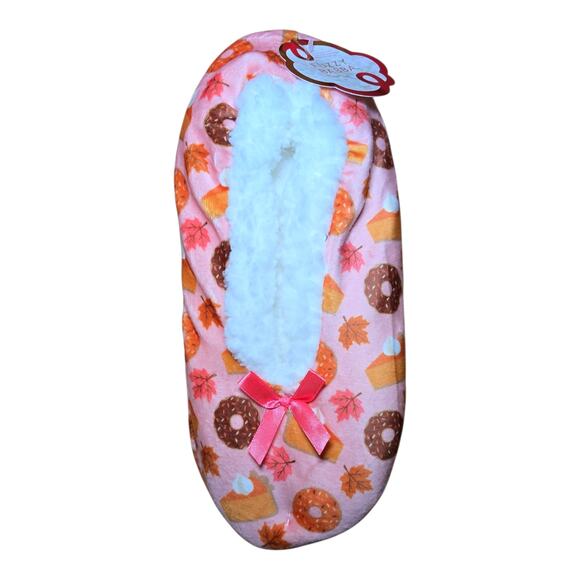 Fuzzy Babba Sherpa Lined Slipper Socks Women’s OSFM Pink Donut Pie Fall Print - Picture 1 of 4